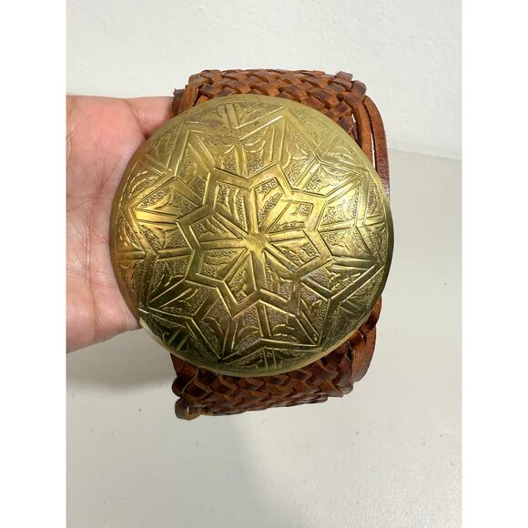 CHICO’S Women’s Boho Vintage Woven Leather Belt L Etched Brass Disc Hook Buckle - Picture 3 of 10